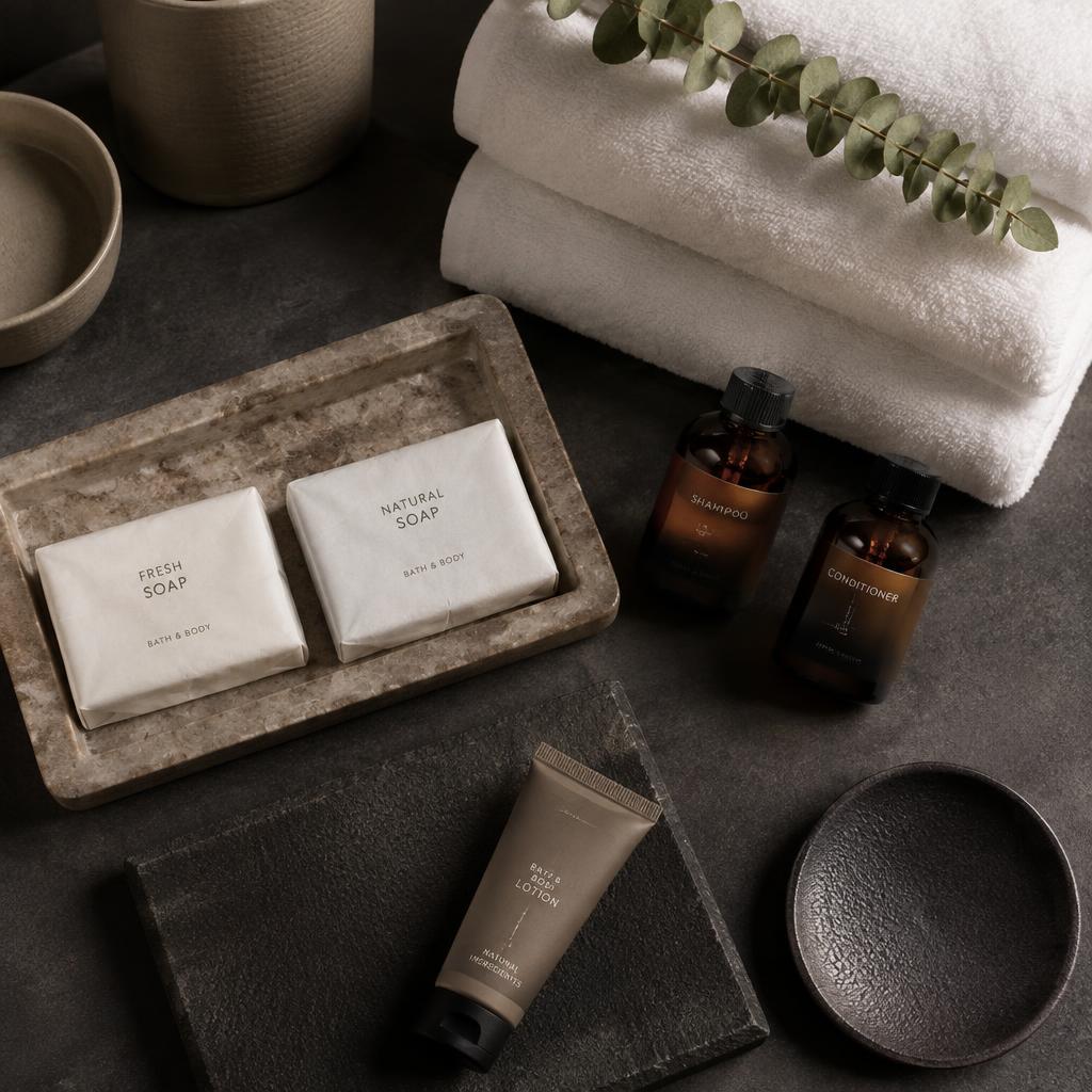 GEM hotel amenity products arranged on a tray